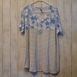 Honeyme Curvy Size XXL Blue, stars, striped short sleeve shirt with buttons.